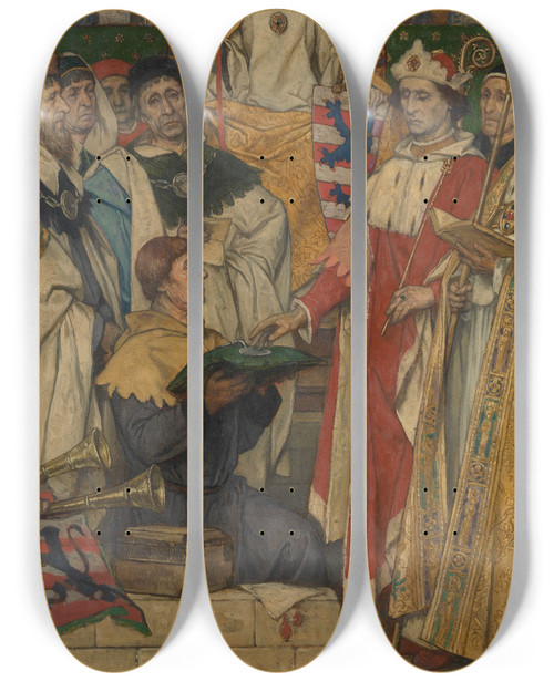 Triptych art skateboard deck of Albert Frans Lieven De Vriendt Louis Of Male Laying The Foundation Stone Of The Town Hall by Albert Frans Lieven De Vriendt (1843-1900)