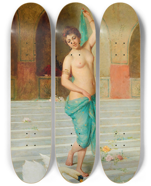 Triptych art skateboard deck of Ettore Forti Before The Bath by Ettore Forti (1880-1920)