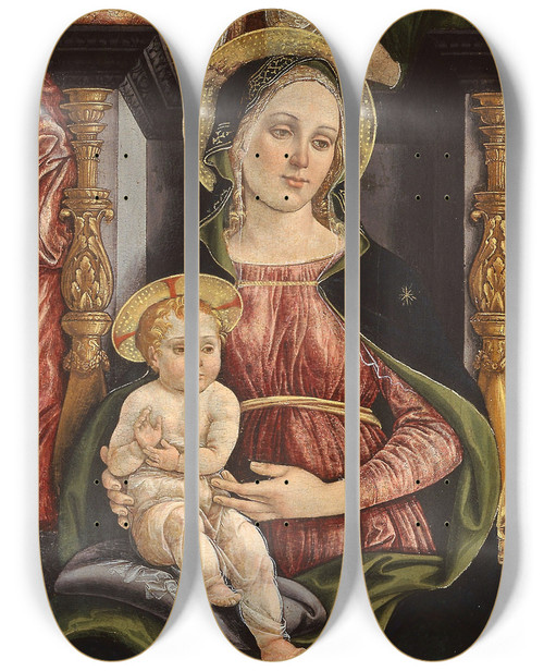 Triptych art skateboard deck of Ansano Ciampanti Virgin And Child Enthroned With Two Angels Holding A Crown by Ansano Ciampanti (16-)
