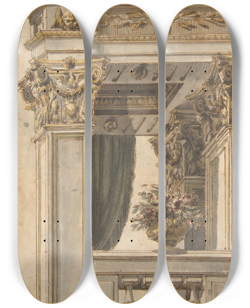 Triptych art skateboard deck of Faustino Trebbi Design For Part Of A Wall Elevation With A Balcony Flanking An Arch by Faustino Trebbi (1761-1836)