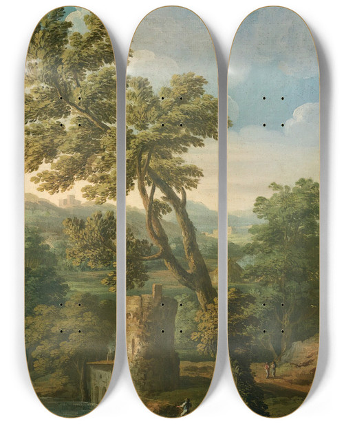 Triptych art skateboard deck of Paolo Anesi An Italianate River Landscape With Figures In The Foreground Breaking Up A Tree Fishermen And Mountains Beyond by Paolo Anesi (1700-1774)