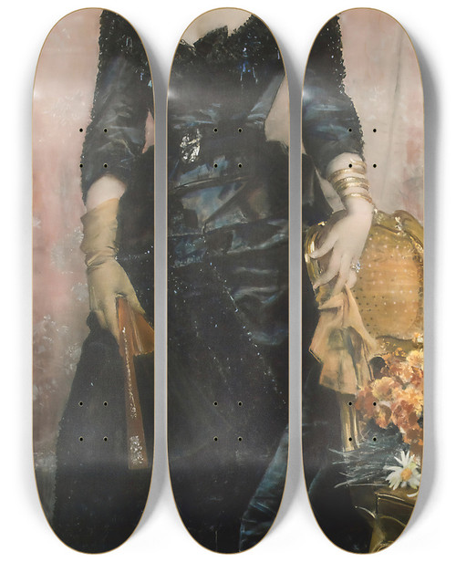 Triptych art skateboard deck of Alfred Stevens Portrait Of La Baronne Du Mesnil De Saintfront by Alfred Stevens (1817-1875)