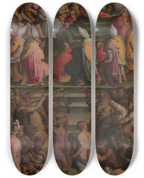 Triptych art skateboard deck of Giorgio Vasari Clement Vii Crowns Charles V In San Petronio In Bologna by Giorgio Vasari (1511-1574)