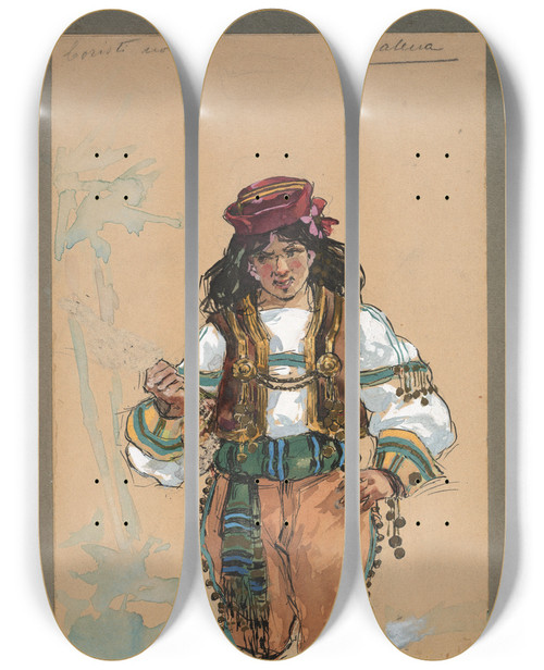 Triptych art skateboard deck of Plinio Codognato Coristi Uomini by Plinio Codognato (1878-1940)