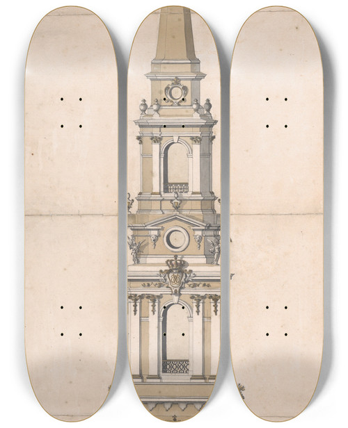 Triptych art skateboard deck of Vincents Lerche Design For The Spire Of The Church Of Our Lady In Copenhagen by Vincents Lerche (1666-1742)