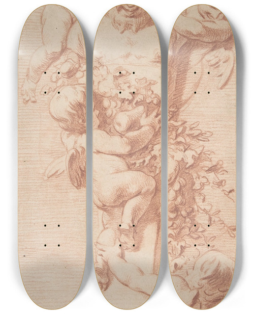 Triptych art skateboard deck of Jacob De Wit Design For A Panel With Four Putti Decorating A Herm Terminal Figure With Garlands Of Fruit And Foliage by Jacob de Wit (1695-1754)