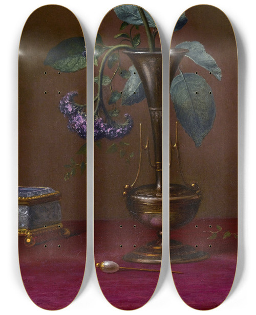 Triptych art skateboard deck of Martin Johnson Heade Red Rose And Heliotrope In A Vase Requited And Unrequited Love by Martin Johnson Heade (1819-1904)