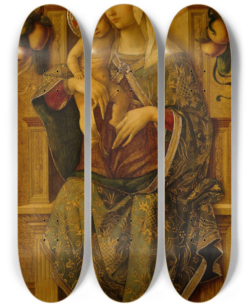 Triptych art skateboard deck of Nicola Di Maestro Antonio Madonna And Child Enthroned by Nicola Di Maestro Antonio (1472-1510)