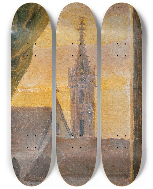 Triptych art skateboard deck of Johann Peter Krafft Blick Durch Ein Fenster Auf Einen Gotischen Kirchturm by Johann Peter Krafft (1780-1856)
