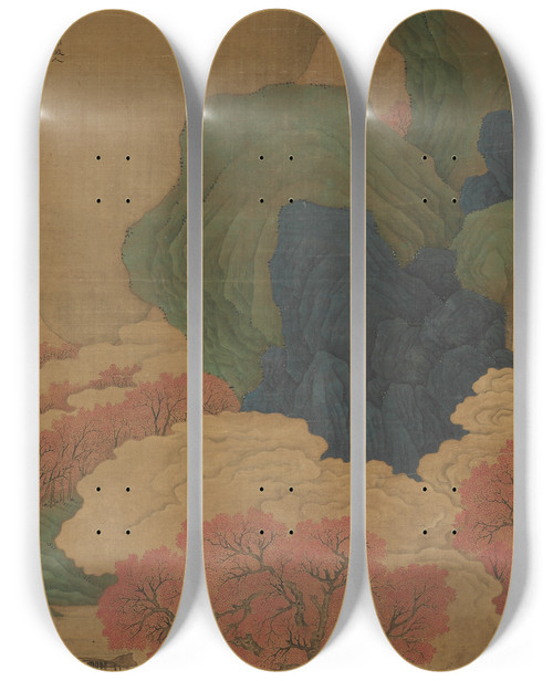 Triptych art skateboard deck of Li Jian White Clouds And Red Trees by Li Jian (1700)