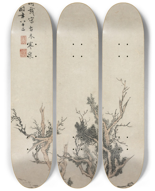 Triptych art skateboard deck of Wen Zhengming Old Trees By A Wintry Brook by Wen Zhengming (1470-1559)