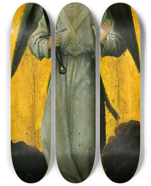 Triptych art skateboard deck of Hans Memling Angel With A Sword by Hans Memling (1430-1494)