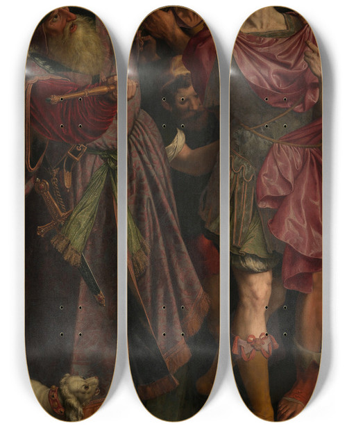 Triptych art skateboard deck of Ambrosius Francken I Sebastian Of Rome Being Captured By Diocletian by Ambrosius Francken I (1544-1618)