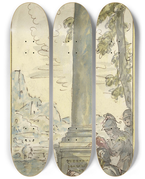 Triptych art skateboard deck of Elias Van Nijmegen Rinaldo Leest Op De Zuil De Wonderen Van Het Eiland by Elias Van Nijmegen (1667-1755)