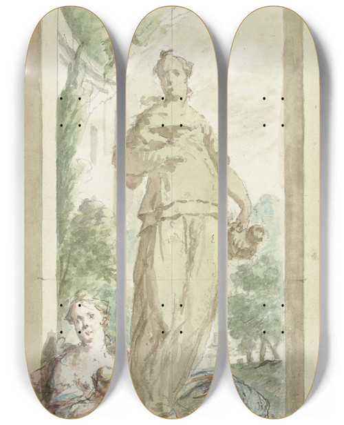 Triptych art skateboard deck of Dionys Van Nijmegen Ontwerp Voor Een Zaalstuk Standbeeld Van Zintuig Smaak Daarnaast Een Vrouw En Papegaai Met Vruchten by Dionys Van Nijmegen (1705-1798)