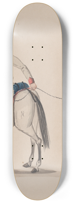 Francisco Fierro - A soldier on horseback holding a rope that secures an enslaved indigenous man who is balancing a basket on his head 8.25 inch art skate deck