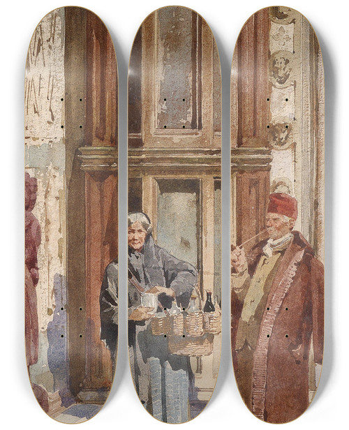 Triptych art skateboard deck of Alberto Prosdocimi Weinverkuferin Vor Dem Dogenpalast by Alberto Prosdocimi (1852-1925)