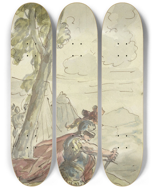 Triptych art skateboard deck of Elias Van Nijmegen Rinaldo Na Het Doden Van De Ridder Gernard by Elias Van Nijmegen (1667-1755)