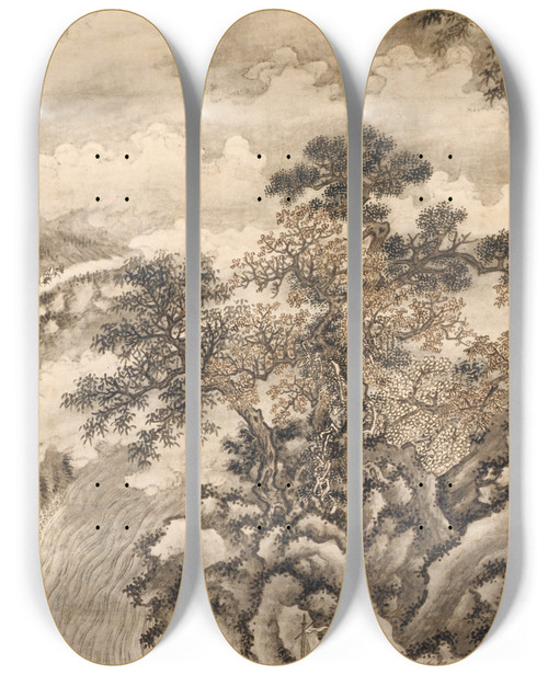 Triptych art skateboard deck of Xie Shichen Clouds And Waves At The Wu Gorge by Xie Shichen (1487-1567)