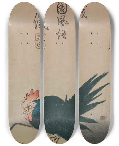 Triptych art skateboard deck of Chinnen Green Rooster Perched On Torii Shrine Gate by Chinnen (1792-1851)