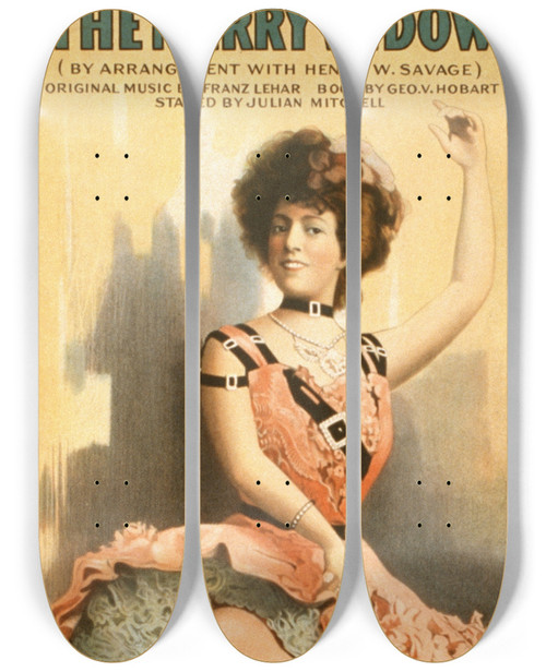 Triptych art skateboard deck of Strobridge Co Lith Joe Webers Burlesque Of The Merry Widow by Strobridge Co Lith (1847)