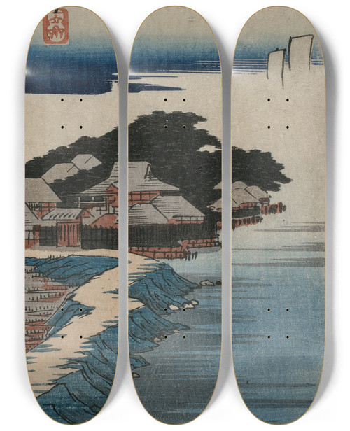 Triptych art skateboard deck of And Hiroshige Gathering Shells At Low Tide At Susaki From The Series 100 Views Of Famous Places In Edo by Ando Hiroshige (1797-1858)