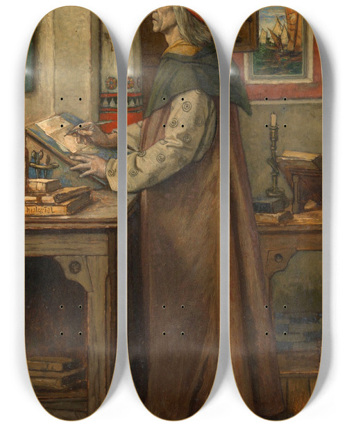 Triptych art skateboard deck of Albert Frans Lieven De Vriendt Jacob Van Maerlant Writing His Spieghel Historiael by Albert Frans Lieven De Vriendt (1843-1900)