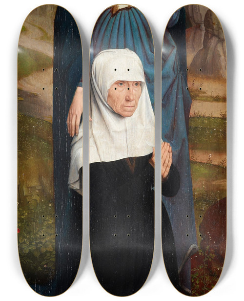Triptych art skateboard deck of Hans Memling Old Woman At Prayer With St Anne by Hans Memling (1430-1494)