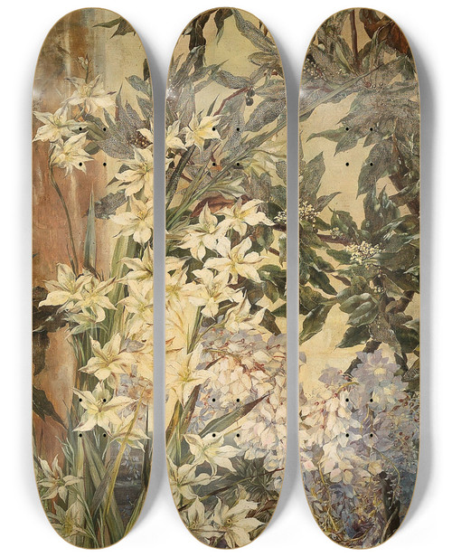 Triptych art skateboard deck of Hermione Von Preuschen Ma Serre Nice Lorbeerzweige Und Weie Lilien In Einem Sdlichen Gewchshaus by Hermione Von Preuschen (1854-1918)