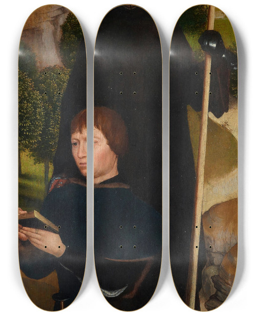 Triptych art skateboard deck of Hans Memling Young Man At Prayer With St William Of Maleval by Hans Memling (1430-1494)
