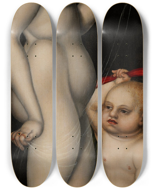 Triptych art skateboard deck of Monogrammist Hb With The Griffins Head Venus And Cupid by Monogrammist Hb With The Griffins Head (16-)