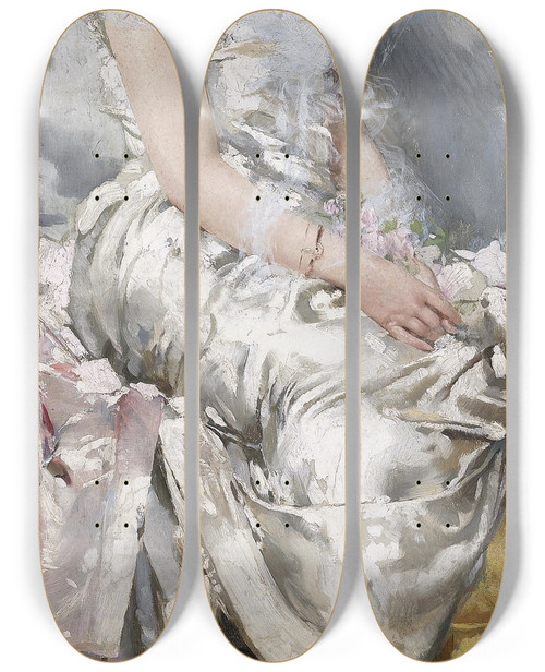 Triptych art skateboard deck of Vittorio Matteo Corcos Ritratto Di Giovane Donna In Abito Binaco Con Fiori by Vittorio Matteo Corcos (1859-1933)