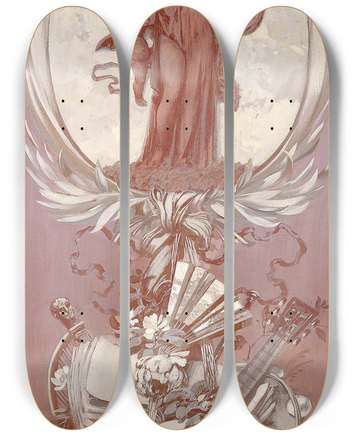 Triptych art skateboard deck of Sebastian Lucius Lautenspielerin In Kartusche Und Putti by Sebastian Lucius (1881-1920)