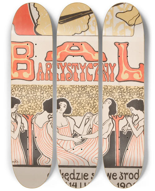 Triptych art skateboard deck of Stanisaw Kamocki Bal Artystyczny W Sali Hotelu Saskiego by Stanislaw Kamocki (1875-1944)