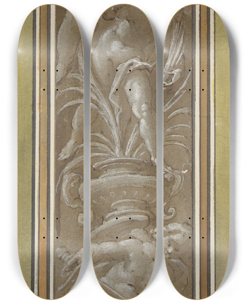 Triptych art skateboard deck of Giovanni Mauro Della Rovere Two Pilaster With White Putti On Tan Ground_2 by Giovanni Mauro della Rovere (1561-1640)