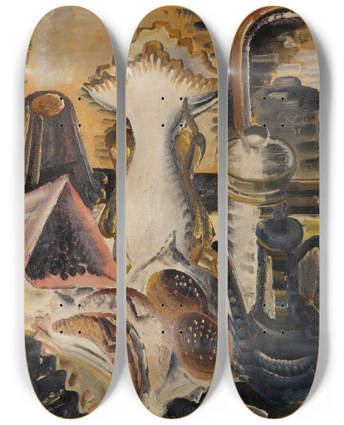 Triptych art skateboard deck of Paul Kleinschmidt Stillleben Mit Kaffeekanne Korinthen Und Obst by Paul Kleinschmidt (1883-1949)