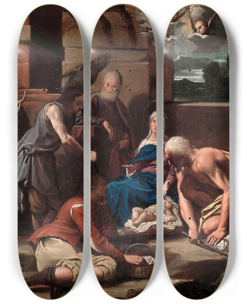 Triptych art skateboard deck of Carlo Bononi Adoration Of The Shepherds_1 by Carlo Bononi (1569-1632)