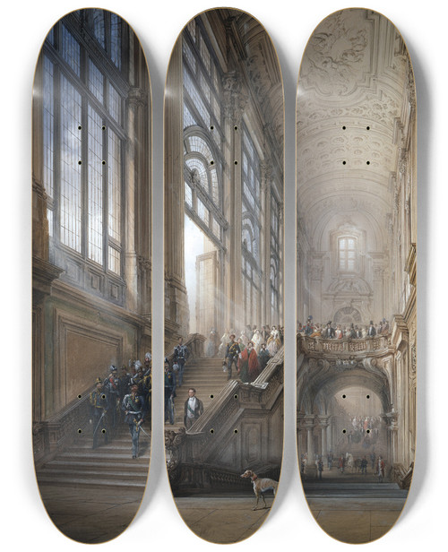 Triptych art skateboard deck of Carlo Bossoli King Victor Emanuel Ii And Camillo Cavour At The Opening Of The Senato Subalpino by Carlo Bossoli (1815-1884)