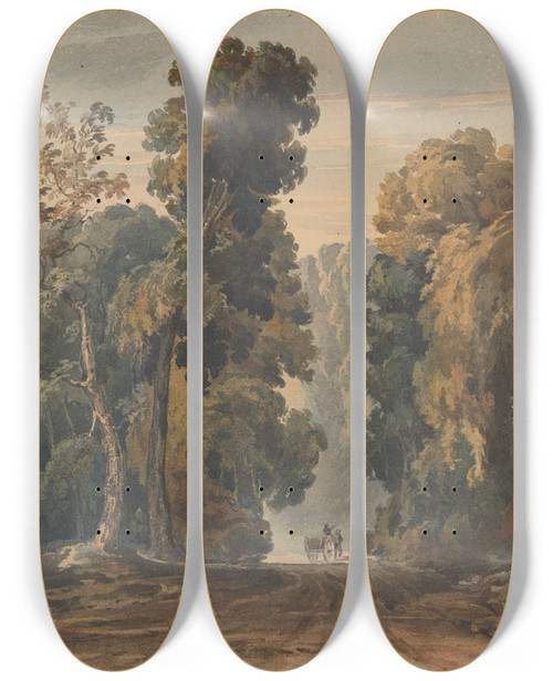 Triptych art skateboard deck of Thomas Sully Horse Cart And Driver On Wide Treelined Lane by Thomas Sully (1783-1872)