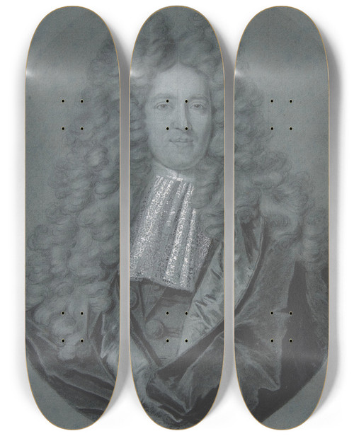 Triptych art skateboard deck of Hyacinthe Rigaud Bust Of A Gentleman In An Oval Field by Hyacinthe Rigaud (1659-1743)
