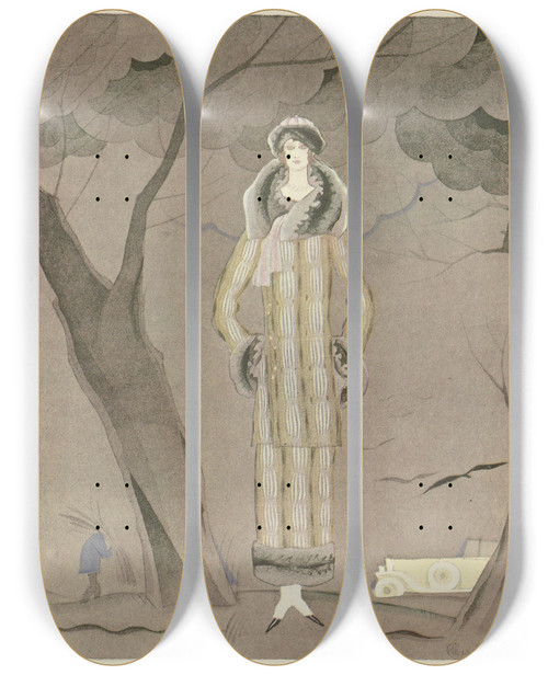 Triptych art skateboard deck of Charles Martin Lhiver Tailleur En Fourrure De Maxleroy by Charles Martin (1884-1934)