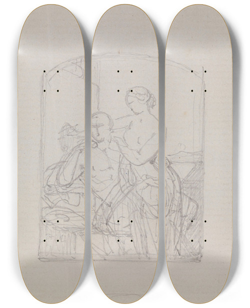 Triptych art skateboard deck of Nicaise De Keyser The Invention Of Drawing_3 by Nicaise De Keyser (1813-1887)