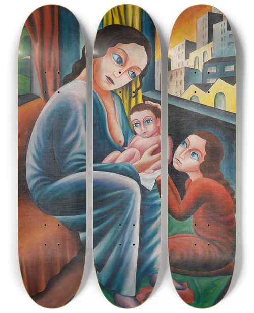 Triptych art skateboard deck of Georg Schrimpf Stillende Mutter by Georg Schrimpf (1889-1938)