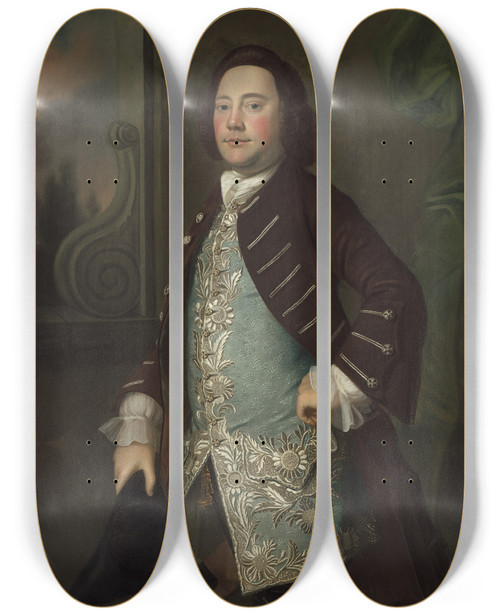 Triptych art skateboard deck of Joseph Blackburn Portrait Of A Gentleman by Joseph Blackburn (1787)