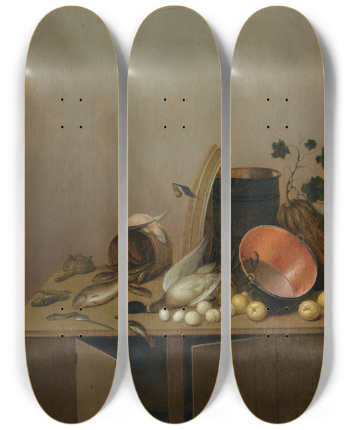 Triptych art skateboard deck of Gerrit Van Vucht Still Life With A Dead Duck Fish Pears Eggs A Copper Pot And Other Objects All Arranged On A Kitchen Cabinet by Gerrit van Vucht (1610-1697)