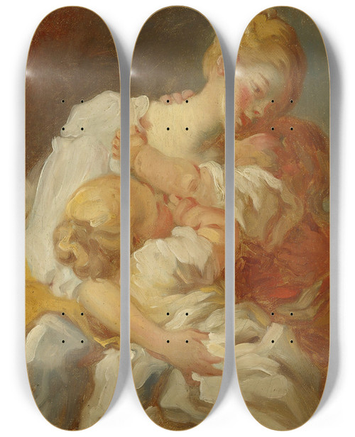 Triptych art skateboard deck of Jeanhonor Fragonard Les Baisers Maternels by Jean-Honor Fragonard (1732-1806)