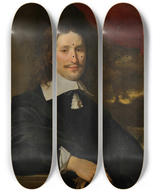 Triptych art skateboard deck of Abraham Lambertsz Van Den Tempel Portrait Of A Gentleman Holding Gloves Halflength Before A Landscape by Abraham Lambertsz. van den Tempel (1622-1672)