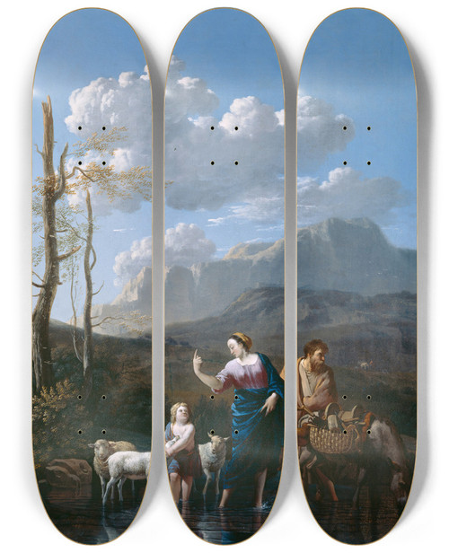 Triptych art skateboard deck of Karel Dujardin Return Of The Holy Family From Egypt by Karel Dujardin (1622-1678)