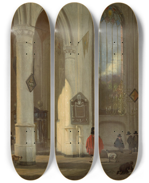 Triptych art skateboard deck of Emanuel De Witte Interior Of Theoude Kerk In Delft by Emanuel de Witte (1617-1692)