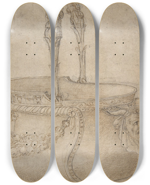 Triptych art skateboard deck of Girolamo Genga Design For A Bucketlike Vessel With A Handle Of Two Interlaced Captives On A Body Adorned With A Scroll Garland And A Spout With A Satyrs Head by Girolamo Genga (1476-1551)
